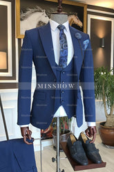 Derby Formal Dark Blue Three-Piece Peaked Lapel Business Men’s Suit