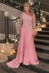 Designer A-Line Chiffon Mother of The Bride Dress One Shoulder Sleeveless Pink Bridesmaid Dress With Appliques
