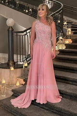 Designer A-Line Chiffon Mother of The Bride Dress One Shoulder Sleeveless Pink Bridesmaid Dress With Appliques