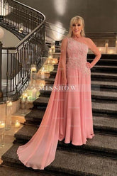 Designer A-Line Chiffon Mother of The Bride Dress One Shoulder Sleeveless Pink Bridesmaid Dress With Appliques