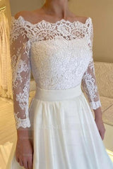 Designer A-Line Satin Lace Long Sleeve White Wedding Dress With Appliques