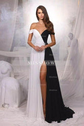 Designer A-Line Satin Off-The-Shoulder Sleeveless Prom Evening Dresses With Split Front
