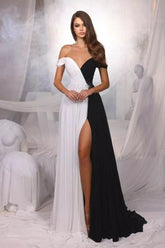 Designer A-Line Satin Off-The-Shoulder Sleeveless Prom Evening Dresses With Split Front