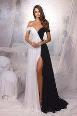 Designer A-Line Satin Off-The-Shoulder Sleeveless Prom Evening Dresses With Split Front