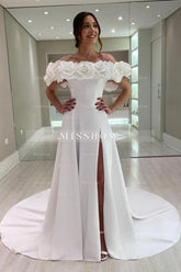 Designer A-Line Satin Off-The-Shoulder Sleeveless White Wedding Dresses With Split