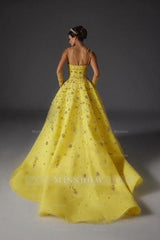 Designer A-Line Satin V-Neck Sleeveless Yellow Prom Evening Dresses With Beading