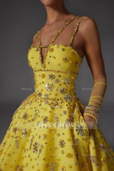 Designer A-Line Satin V-Neck Sleeveless Yellow Prom Evening Dresses With Beading