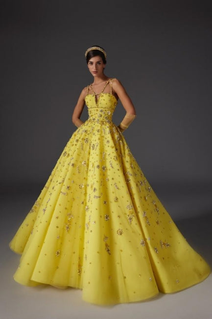Designer A-Line Satin V-Neck Sleeveless Yellow Prom Evening Dresses With Beading