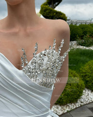 Designer A-Line Sweetheart Sleeveless Rhinestone Satin White Wedding Dress