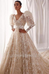 Designer A-Line Tulle Lace V-Neck Long Sleeve Wedding Dress With Appliques Ruffles