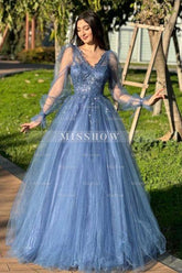 Designer A-Line Tulle V-Neck Long Sleeve Prom Evening Dresses With Appliques