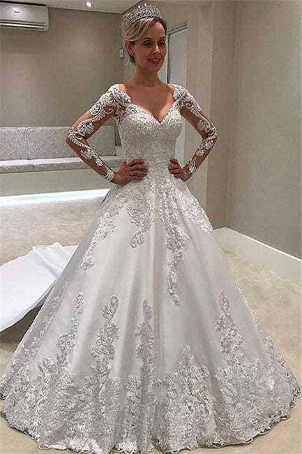 Designer A-line Lace V-neck Wedding Dresses with Long Sleeves