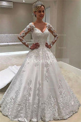 Designer A-line Lace V-neck Wedding Dresses with Long Sleeves