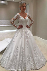 Designer A-line Lace V-neck Wedding Dresses with Long Sleeves