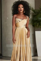 Gold one shoulder sequin A-line prom dress