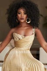 Gold one shoulder sequin A-line prom dress