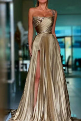 Gold one shoulder sequin A-line prom dress