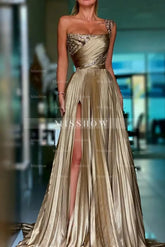 Designer A-line One Shoulder Sequined Prom Dress With Slit