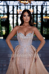 Designer Champagne Sleeveless Sweetheart Mermaid Prom Dress with Detachable Train