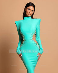 Designer Column High Neck Long Sleeve Beading Satin Prom Dress