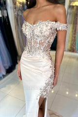 Designer Column Lace Off-The-Shoulder Sleeveless Prom Evening Dresses With Split Front