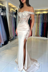 Designer Column Lace Off-The-Shoulder Sleeveless Prom Evening Dresses With Split Front