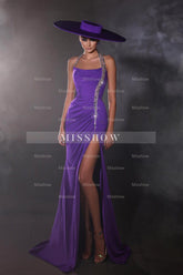 Designer Column Satin Halter Sleeveless Purple Prom Dress With Beading Split