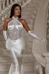 Designer Column Satin Halter Sleeveless Silver Prom Evening Dresses With Sequined