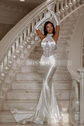 Designer Column Satin Halter Sleeveless Silver Prom Evening Dresses With Sequined