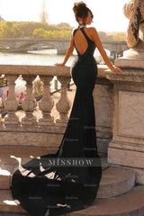 Designer Column Satin High Neck Sleeveless Black Prom Evening Dresses With Beading