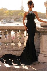 Designer Column Satin High Neck Sleeveless Black Prom Evening Dresses With Beading