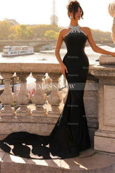 Designer Column Satin High Neck Sleeveless Black Prom Evening Dresses With Beading