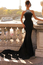 Designer Column Satin High Neck Sleeveless Black Prom Evening Dresses With Beading