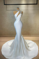 Designer Column Satin High Neck Sleeveless White Long Prom Dress With Ruffles