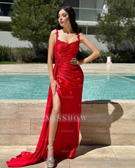Designer Column Satin Off-The-Shoulder Sleeveless Prom Dress With Ruffles Split Front