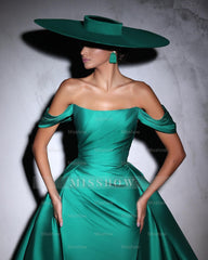 Designer Column Satin Off-The-Shoulder Sleeveless Prom Dress With Ruffles Train