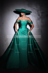 Designer Column Satin Off-The-Shoulder Sleeveless Prom Dress With Ruffles Train