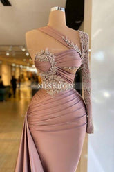 Designer Column Satin One Shoulder Long Sleeve Prom Evening Dresses With Ruffles