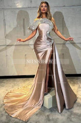 Designer Column Satin One Shoulder Sleeveless Prom Evening Dresses With Split Front