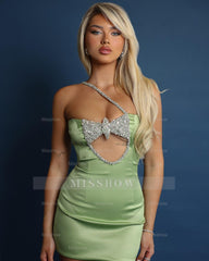Designer Column Satin One Shoulder Sleeveless Short Homecoming Dress With Beading