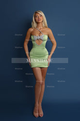 Designer Column Satin One Shoulder Sleeveless Short Homecoming Dress With Beading