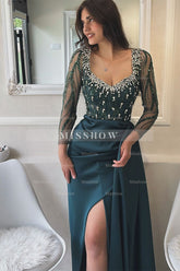 Designer Column Scoop Long Sleeve Rhinestone Satin Tulle Split Prom Dresses