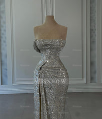 Designer Column Sequined Strapless Sleeveless Prom Dresses With Ruffles