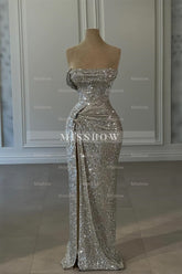 Designer Column Sequined Strapless Sleeveless Prom Dresses With Ruffles