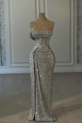 Designer Column Sequined Strapless Sleeveless Prom Dresses With Ruffles