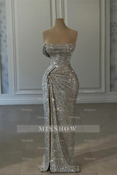 Designer Column Sequined Strapless Sleeveless Prom Dresses With Ruffles