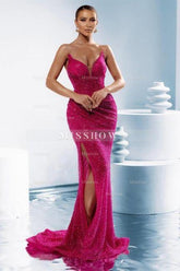 Designer Column Sequined V-Neck Sleeveless Prom Evening Dresses With Split Front