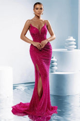 Designer Column Sequined V-Neck Sleeveless Prom Evening Dresses With Split Front