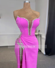 Designer Column Strapless Sleeveless Rhinestone Tulle Satin Split Front Prom Dresses