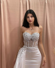 Designer Column Sweetheart Sleeveless Beading Tulle Satin Wedding Dress